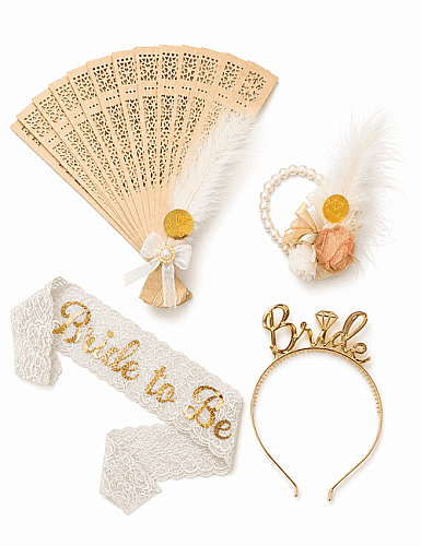 Bride Taç Kuşak Bileklik Kutulu Set - Altın - 