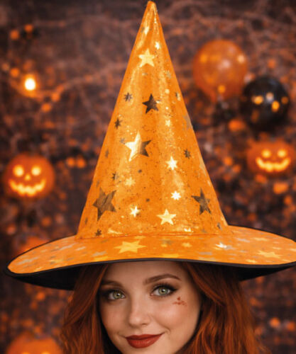 Cadı Şapkası Bez Baskılı Yıldız Desenli Turuncu - 2