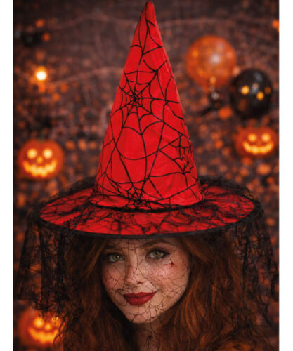 Cadı Şapkası Kadife Tüllü Baskılı Model Kırmızı - 2