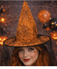 Cadı Şapkası Kadife Tüllü Örümcek Baskılı Turuncu - 4