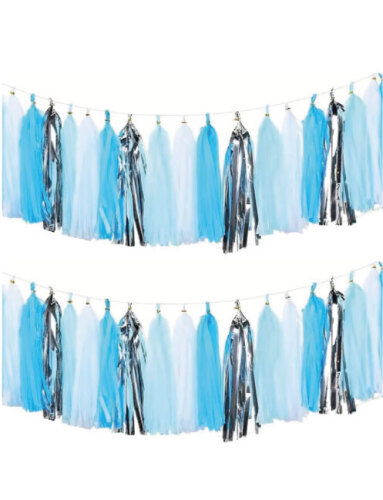 Dekoratif Püsküllü Süs 4.2 Metre 20 Parça Mavi Beyaz Gümüş - 2