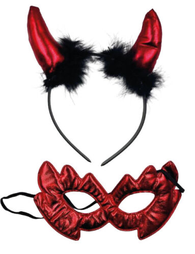 Halloween Saten Şeytan Taç Gözlük Set Kırmızı - 