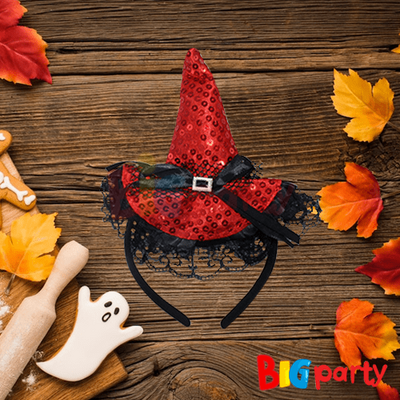 Halloween Taç Cadı Şapkalı Mini Pullu Kırmızı Parlak - 1