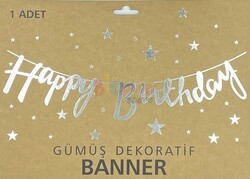 Kaligrafi Banner Happy Birthday Gümüş - 3