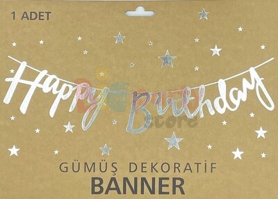 Kaligrafi Banner Happy Birthday Gümüş - 3