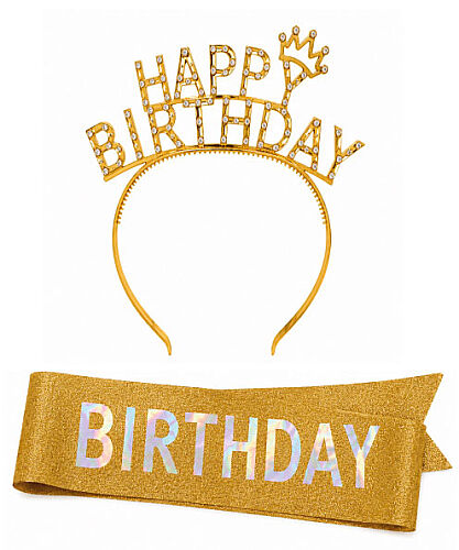 Happy Birthday Taç İncili Gözlük Kuşak Set Altın - 