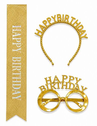 Happy Birthday Taç İncili Gözlük Kuşak Set Altın - 
