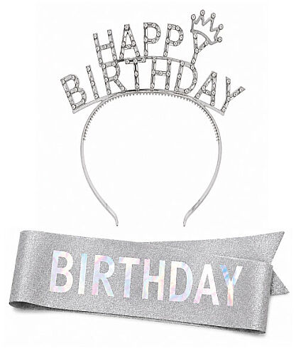 Happy Birthday Taç İncili Gözlük Kuşak Set Gümüş - 