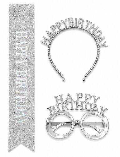 Happy Birthday Taç İncili Gözlük Kuşak Set Gümüş - 