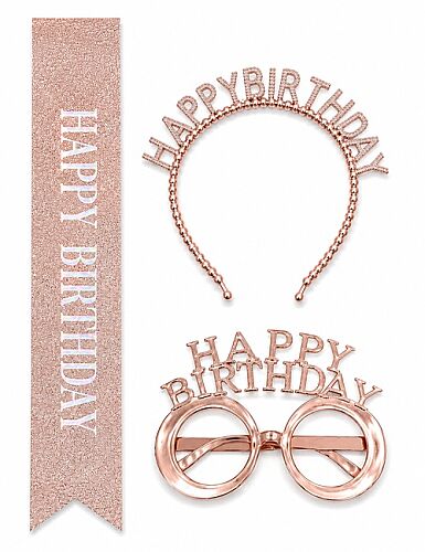 Happy Birthday Taç İncili Gözlük Kuşak Set Rose - 