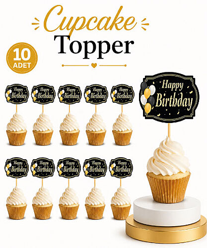 Kürdan Happy Birthday Varak Baskılı Siyah Zemin 10 Parça - 