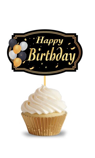 Kürdan Happy Birthday Varak Baskılı Siyah Zemin 10 Parça - 2