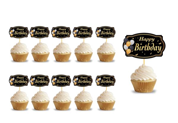 Kürdan Happy Birthday Varak Baskılı Siyah Zemin 10 Parça - 