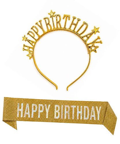 Happy Birthday Yıldızlı Taç Gözlük Kuşak Set Altın - 