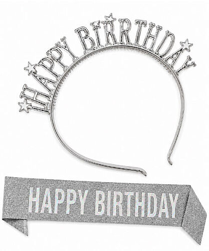 Happy Birthday Yıldızlı Taç Gözlük Kuşak Set Gümüş - 