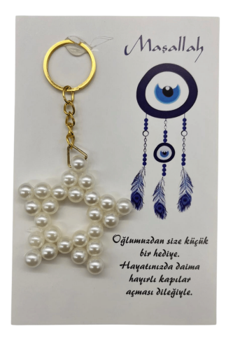 Hediyelik Anahtarlık İnci Yıldızlı Mavi Nazar Boncuklu Model 25 Parça - 