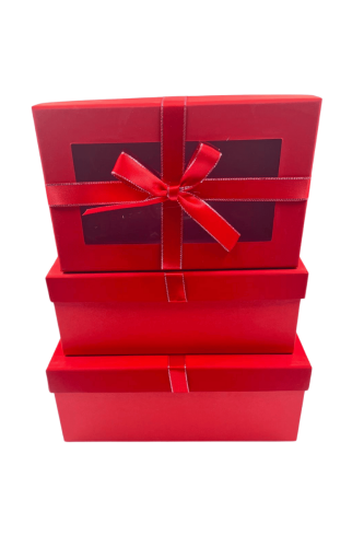 Hediyelik Kutu Dikdörtgen Fiyonklu Pencereli 3 Parça Kırmızı - 