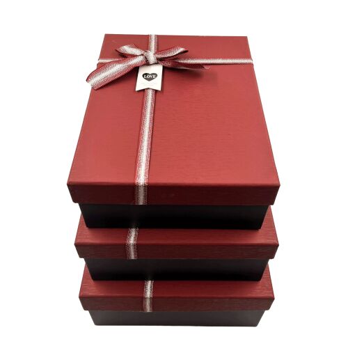 Hediyelik Kutu Dikdörtgen Simli Fiyonklu 3 Parça Bordo - 