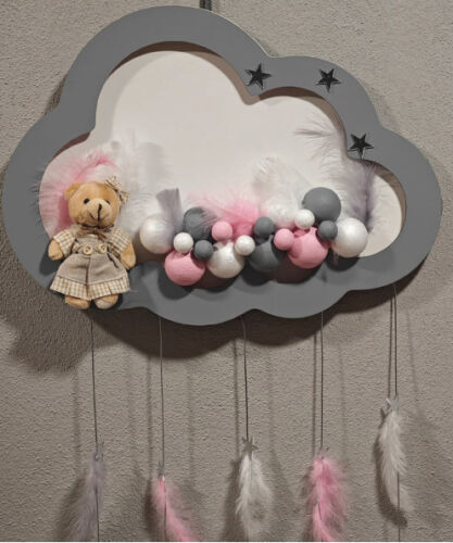 Ahşap Kapı Süsü Işıklı Bulut Model Kız Tema Gri-Pembe - 2
