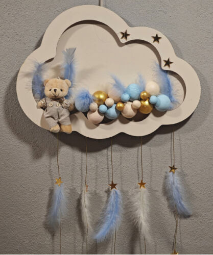 Ahşap Kapı Süsü Işıklı Bulut Model Erkek Tema Krem-Altın-Mavi - 2