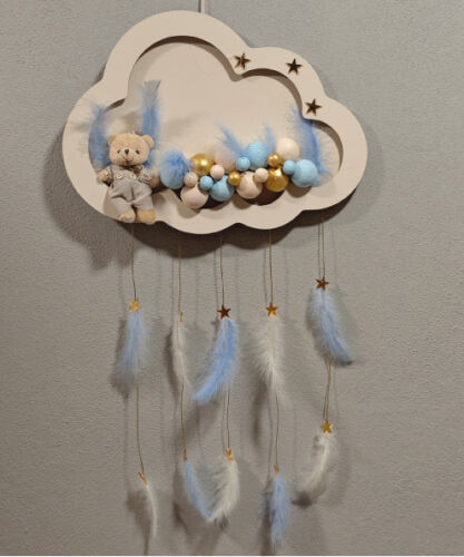 Ahşap Kapı Süsü Işıklı Bulut Model Erkek Tema Krem-Altın-Mavi - 