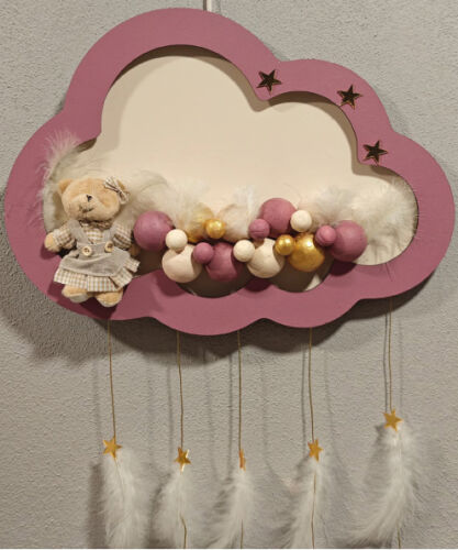 Ahşap Kapı Süsü Işıklı Bulut Model Kız Tema Mürdüm-Altın - 2