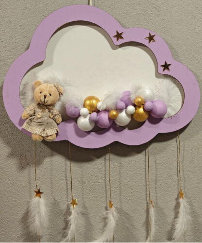 Ahşap Kapı Süsü Işıklı Bulut Model Kız Tema Lila-Altın - 2