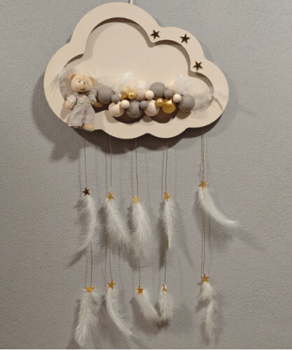 Ahşap Kapı Süsü Işıklı Bulut Model Erkek Tema Krem-Altın - 