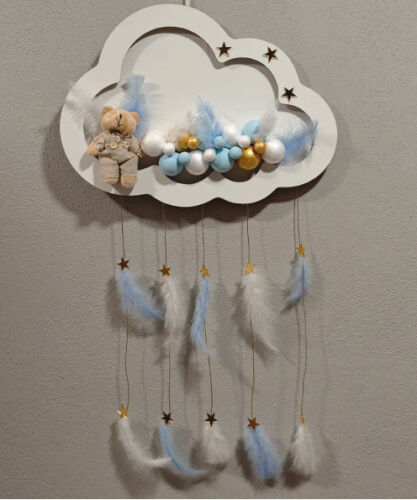 Ahşap Kapı Süsü Işıklı Bulut Model Erkek Tema Beyaz-Altın - 