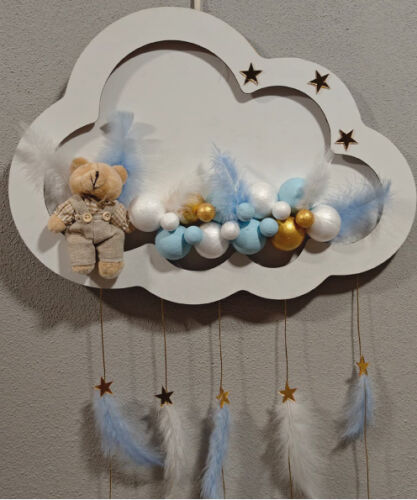 Ahşap Kapı Süsü Işıklı Bulut Model Erkek Tema Beyaz-Altın - 2