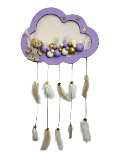 Işıklı Ahşap Mor - Beyaz Bulut Bebek Kapı Süsü - 