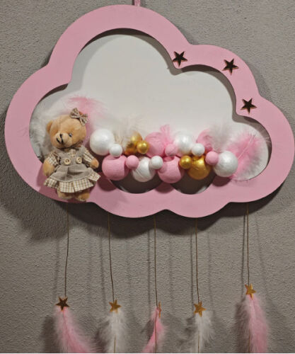 Ahşap Kapı Süsü Işıklı Bulut Model Kız Tema Pembe-Altın-Lila - 2