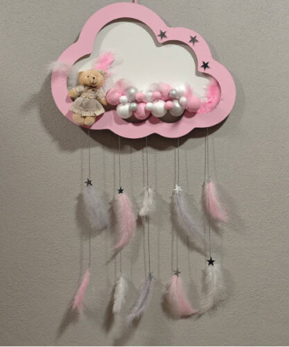 Ahşap Kapı Süsü Işıklı Bulut Model Kız Tema Pembe-Gümüş - 
