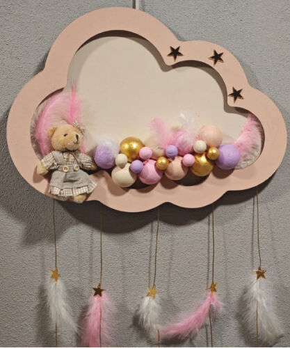 Ahşap Kapı Süsü Işıklı Bulut Model Kız Tema Pembe-Altın - 2