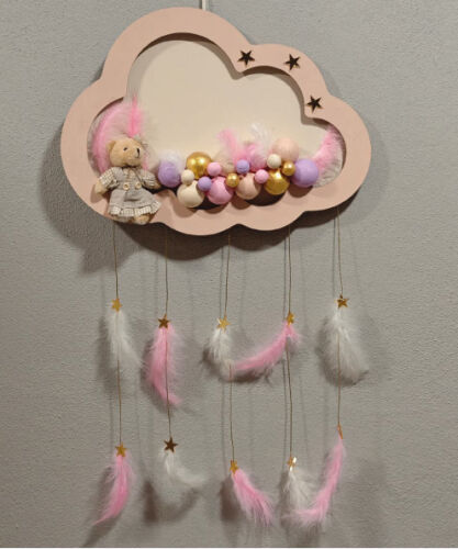 Ahşap Kapı Süsü Işıklı Bulut Model Kız Tema Pembe-Altın - 