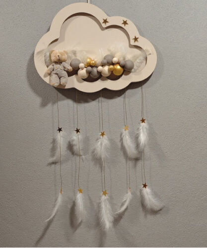 Ahşap Kapı Süsü Işıklı Bulut Model Erkek Tema Krem-Altın - 