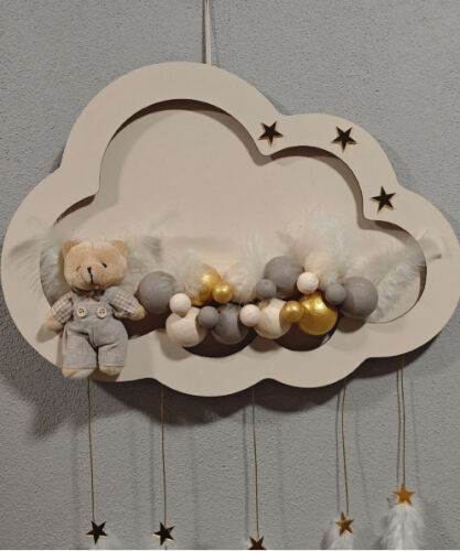 Ahşap Kapı Süsü Işıklı Bulut Model Erkek Tema Krem-Altın - 2