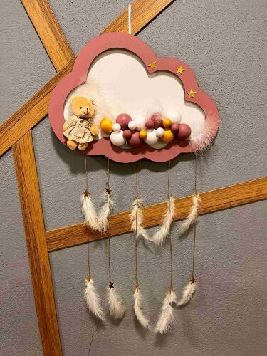 Işıklı Ahşap Mürdüm - Beyaz Bulut Bebek Kapı Süsü - 2
