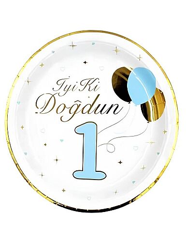 Karton Tabak Gold Varaklı İyi Ki Doğdun 1 Yaş Erkek 6 Parça - 