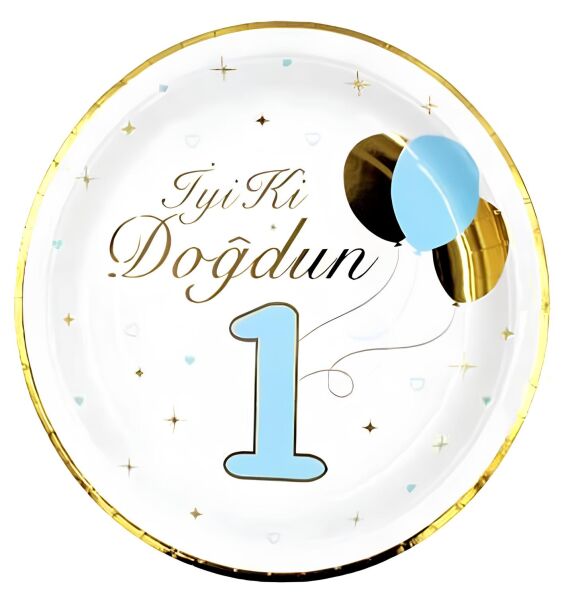 Karton Tabak Gold Varaklı İyi Ki Doğdun 1 Yaş Erkek 6 Parça - 