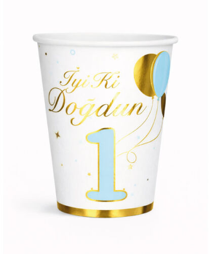 Karton Bardak Gold Varaklı İyi Ki Doğdun 1 Yaş Erkek 6 Parça - 
