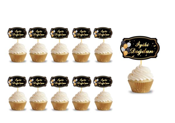 Kürdan İyi Ki Doğdun Varak Baskılı Siyah Zemin 10 Parça - 