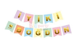 Kağıt Banner İyi Ki Doğdun Makaron Zemin Altın Varaklı - 2