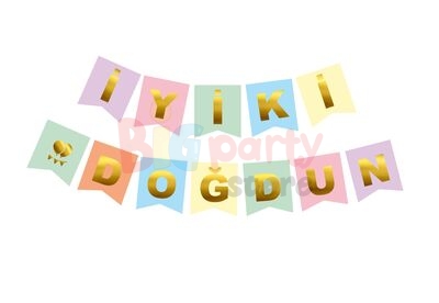 Kağıt Banner İyi Ki Doğdun Makaron Zemin Altın Varaklı - 2