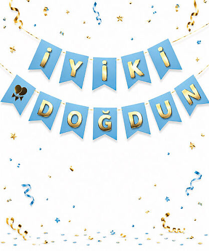 Kağıt Banner İyi Ki Doğdun Mavi Zemin Altın Varaklı - 