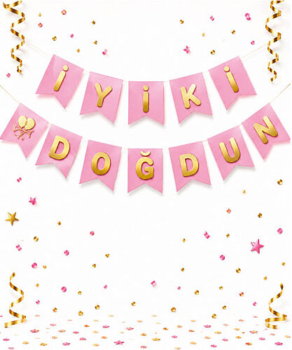 Kağıt Banner İyi Ki Doğdun Pembe Zemin Altın Varaklı - 