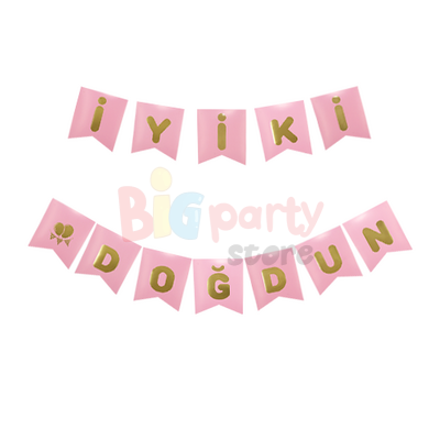 Kağıt Banner İyi Ki Doğdun Pembe Zemin Altın Varaklı - 2