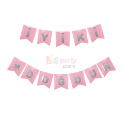 Kağıt Banner İyi Ki Doğdun Pembe Zemin Gümüş Varaklı - 3