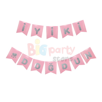 Kağıt Banner İyi Ki Doğdun Pembe Zemin Gümüş Varaklı - 3
