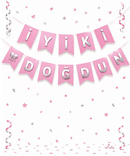 Kağıt Banner İyi Ki Doğdun Pembe Zemin Gümüş Varaklı - 